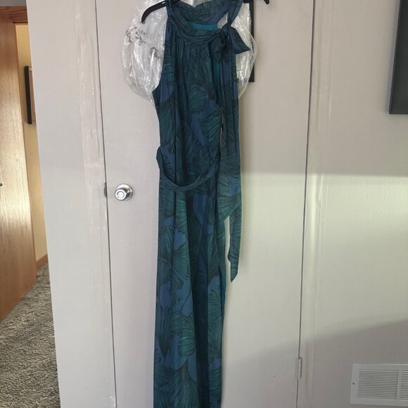 Betsy Adam High Neck Teal Gown - Picture 9 of 10